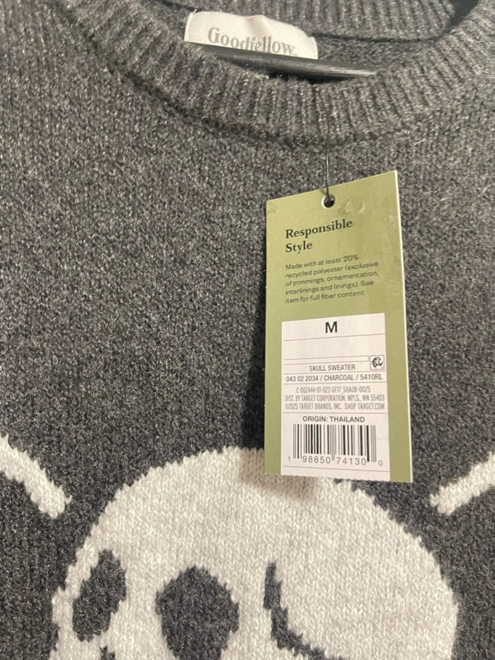 Goodfellow & Co Gray Crewneck Sweater with White Skull Intarsia - Picture 2 of 4